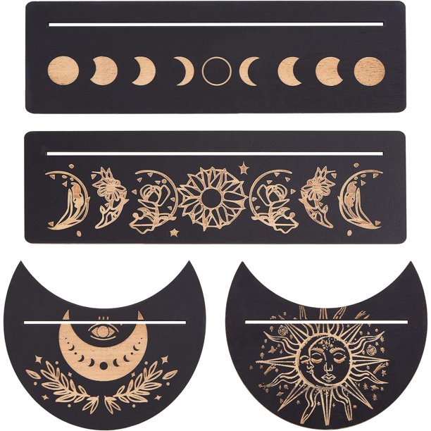 4 soportes de madera para cartas de tarot, color negro, con forma de luna de 4,9'' y rectángulo de 9,8'', hechos a mano.