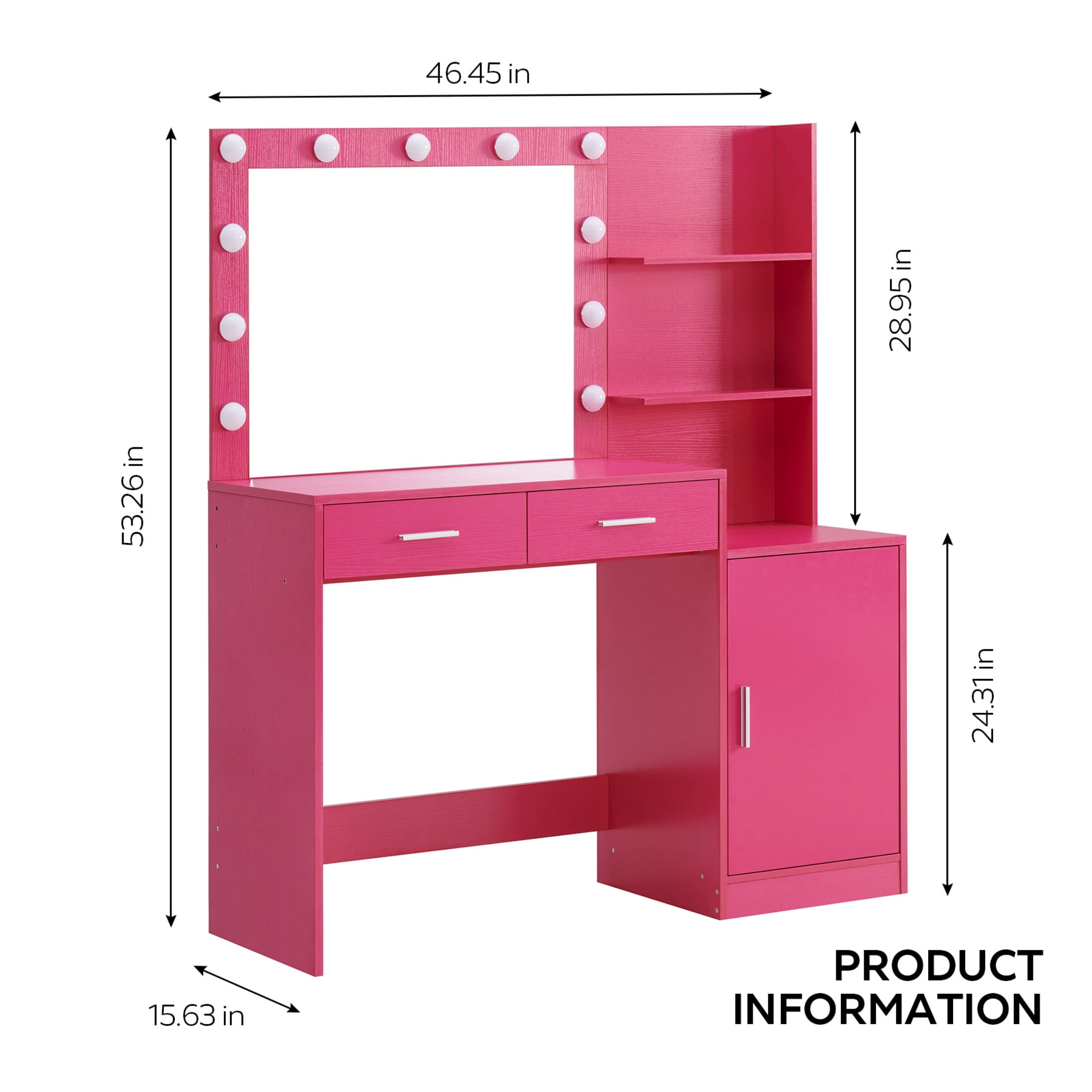 PORKISS 46.4” Makeup Vanity, Wood Vanity Desk with Mirror and Lights, Vanity Table for Women Girls, Modern Dressing Table with 2 Drawers and Beside Cabinet, 3 Lighting Modes Adjustable, Rose Pink