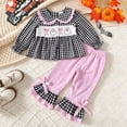 thumbnail image 5 of Rggeeun Halloween Girls Outfits Cute Tops Plaid Shirts Baggy Pants Bow Ruffle Flared Hem Matching Sets Vacation Versatile,Black,4-5 Years, 5 of 8
