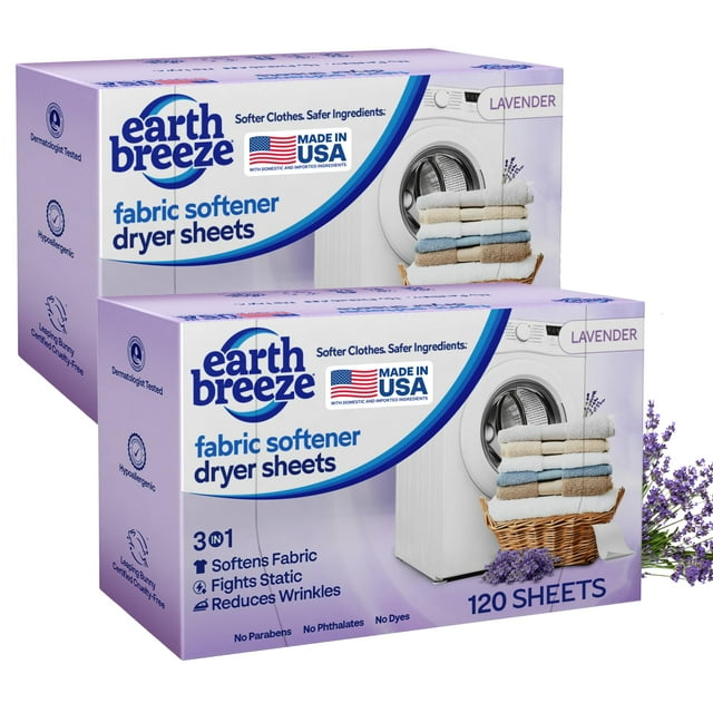 Toallitas suavizantes para secadora Earth Breeze con aroma a lavanda, 2 paquetes
