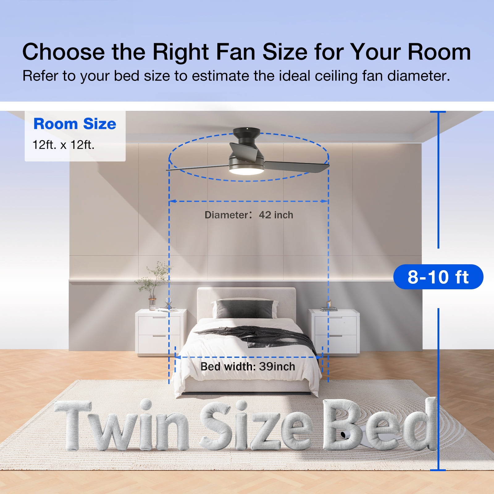 AIDEL 42 inch Ceiling Fan with Light, 3-Blade Flush Mount Ceiling Fan, Reversible DC Motor, 6-Speed, Dimmable 3CCT LED, Remote Control, Black