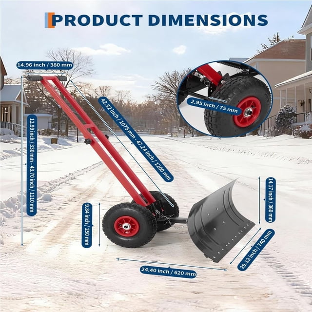 Eastvita 29x14 In Heavy-Duty Rolling Snow Shovel with Wheels/5-Position Adjustable Angle/Height/Double Armrests/Red