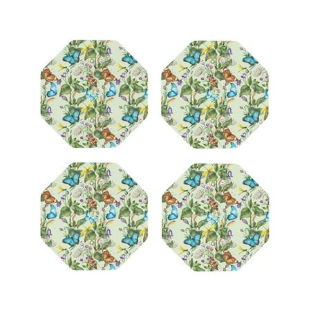 

Fuzoiu Meadow Plants And Butterflies Print Leather Coasters Set Drink Coasters Set of 4 for Tabletop Protection Durable PVC Coasters Home Décor and Housewarming Gift-Octagon