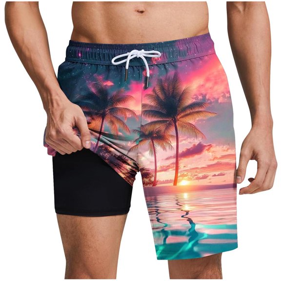 TEAJOPSUU Men's Beach Shorts Fashion Printed Swim Trunks with Elastic Drawstring Waist Double Inner Lining Side Pockets C-Red