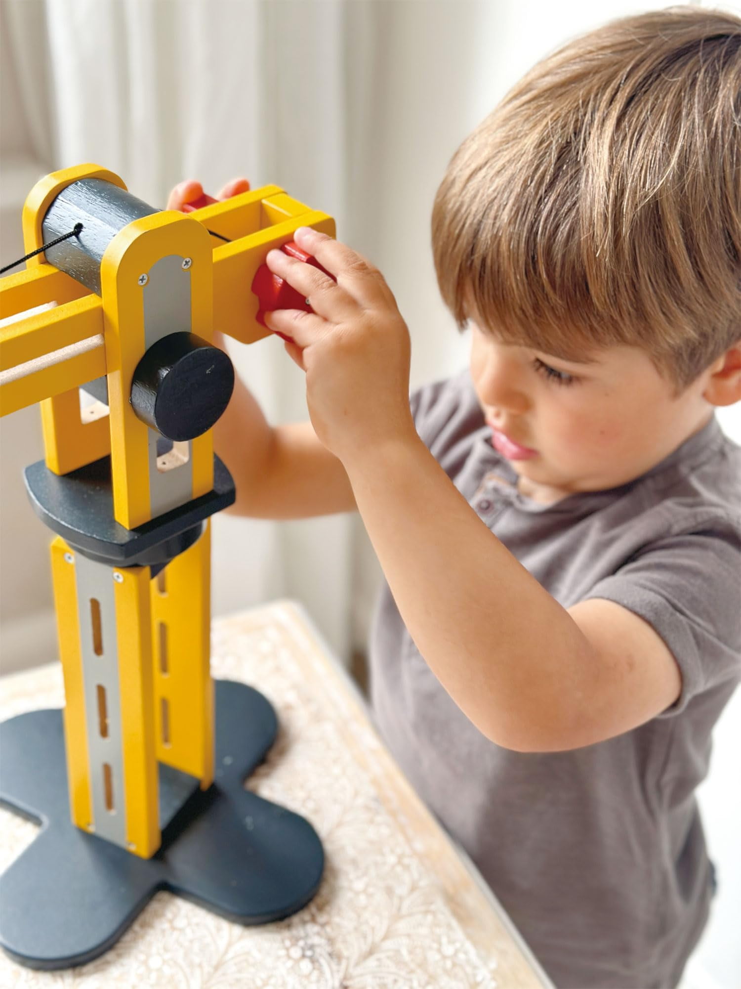 Mentari Toys - Big Yellow Crane - Wooden Large Crane with Lifting Arm with Front Loader and Road Roller - Imagination and Storytelling - Age 3+