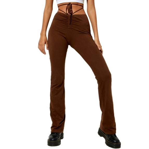 Okbabeha Women Slim Trousers with Bandage Decoration, High Waist Clothing