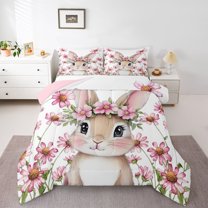 Homewish Kawaii Cute Rabbit Full Size Comforter Sets, Rustic Farmhouse Bunnies Animal Bedding Comforter Set, Vintage Daisy Floral Reversible Bedding Sets, Lightweight Room Decor, 3-Piece