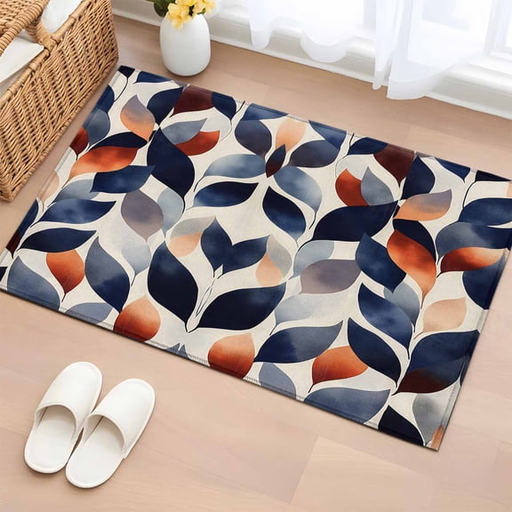 Navy Blue Burnt Orange Bathroom Rug Washable 2x3 Entryway Rug Non Slip Botanical Abstract Palm Leaf Front Door Mat Low Pile Indoor Doormat Throw Floor Carpet for Kitchen Bedroom Entrance