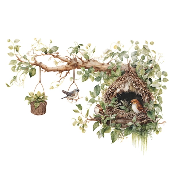 2 piezas Pegatinas de pared Fondos de pantalla decorativos Ramas y nido de pájaros decoración del hogar Murales de arte de pared para la sala de estar
