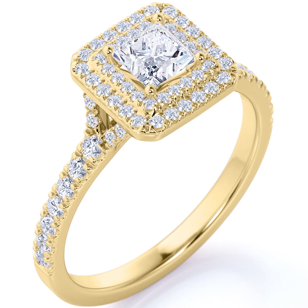 JeenMata Stunning 1 Carat Princess Cut Moissanite - Pave Set - Split Shank - Double Halo Engagement Ring in 18K Yellow Gold over Silver