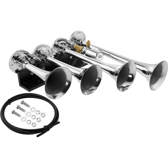 Vixen Horns Train Horn for Truck/Car. 4 Air Horn Chrome Plated Trumpets. Super Loud dB. Fits 12v Vehicles like Semi/Pickup/Jeep/RV/SUV VXH4124C