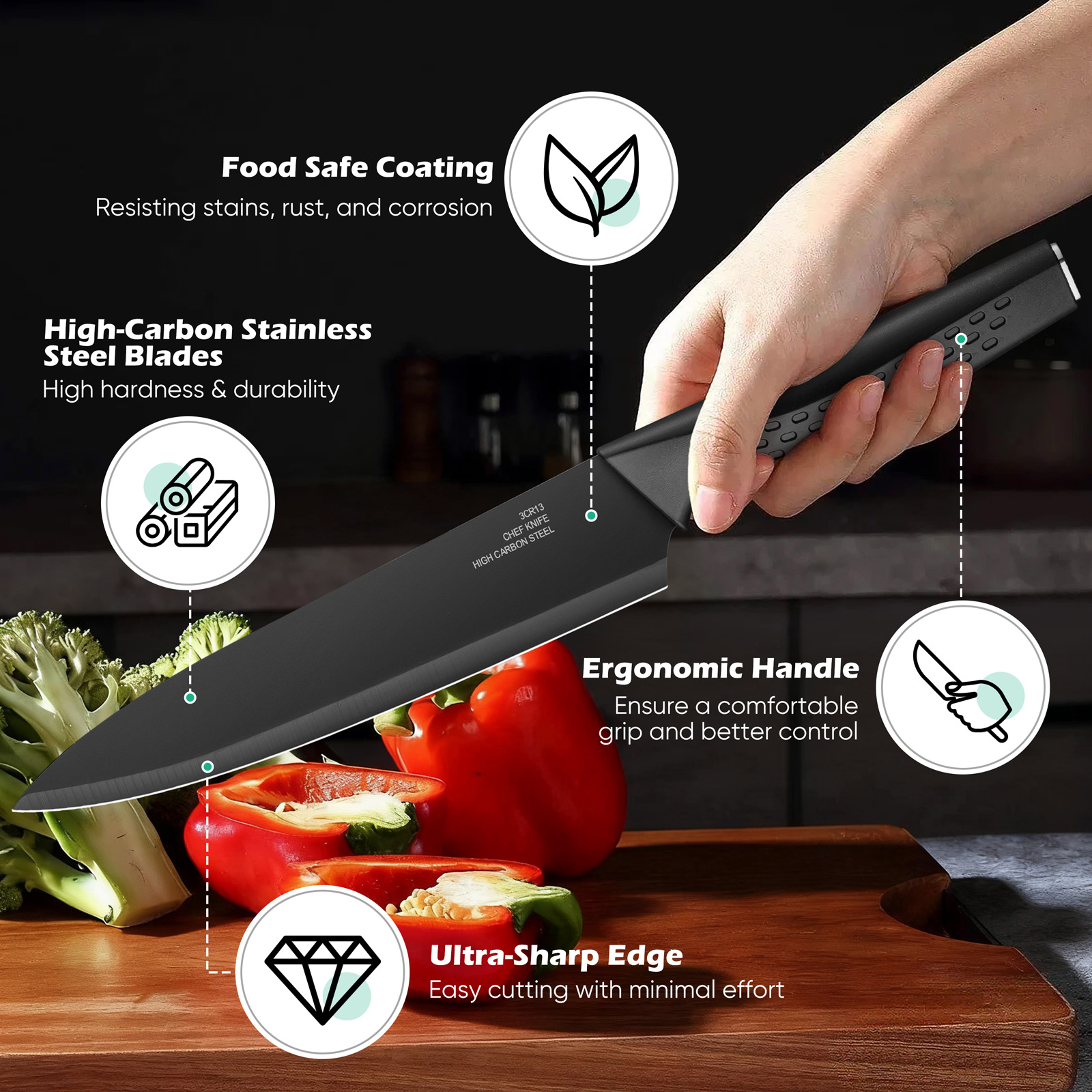 Vesteel Knife Block Set for Kitchen, 15-Piece High Carbon Stainless Steel Knives Set with Ergonomic Handle, Ultra-sharp & Rust Resistant, Black