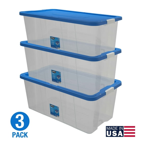 HART 160 Quart Latching Plastic Storage Bin Container, Clear, Set of 3