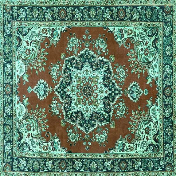 Ahgly Company Indoor Square Medallion Turquoise Blue Traditional Area Rugs, 4' Square