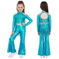 thumbnail image 5 of TSSOE Girls 2-piece Jazz Dance Outfit Shiny Sequin Tassels Latin Hip Hop Dancewear Long Sleeve Crop Top With Flared Pants Light Blue 8, 5 of 7