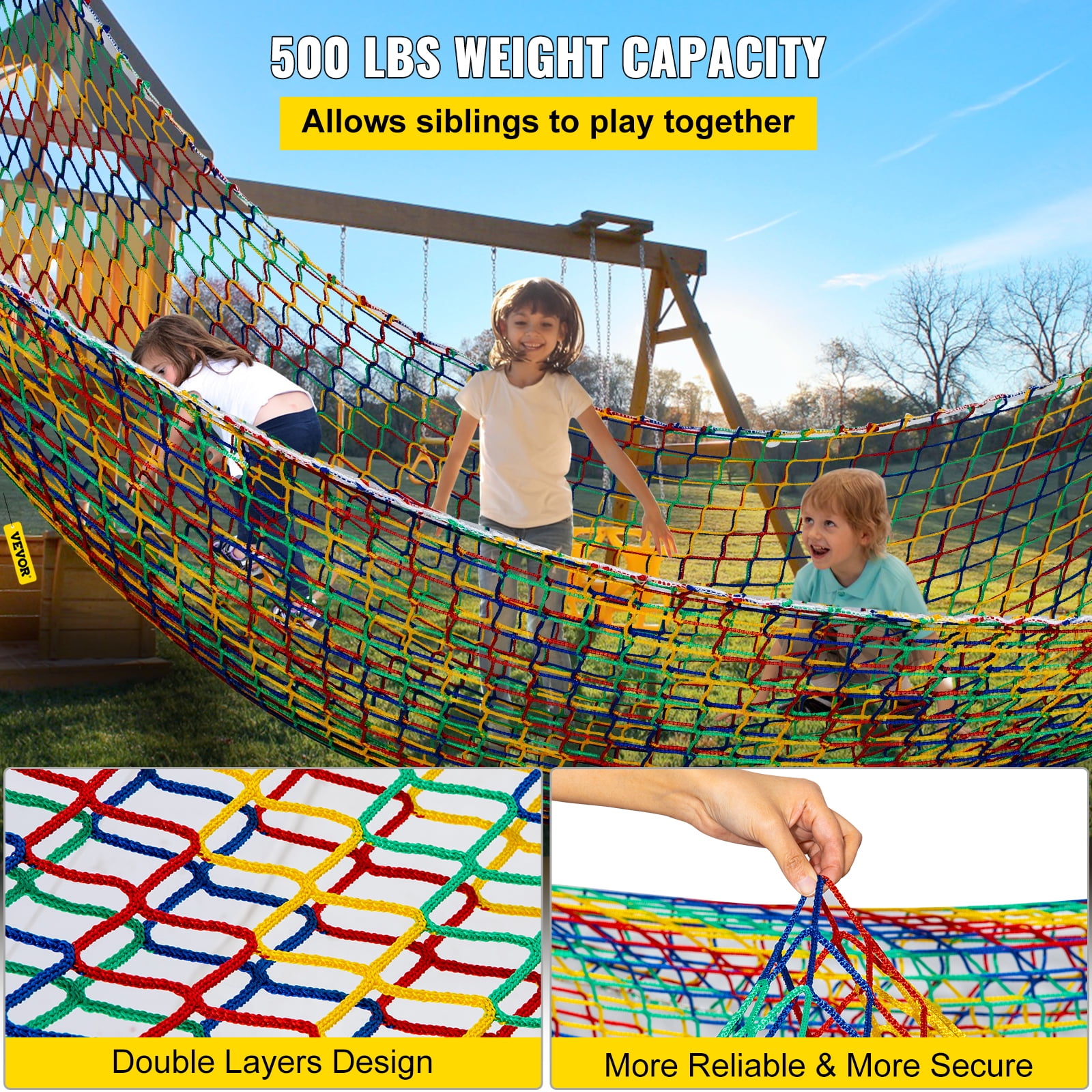VEVOR Climbing Cargo Net, 10.5 x 10.5 ft Playground Climbing Cargo Net,  Polyester Double Layers Cargo