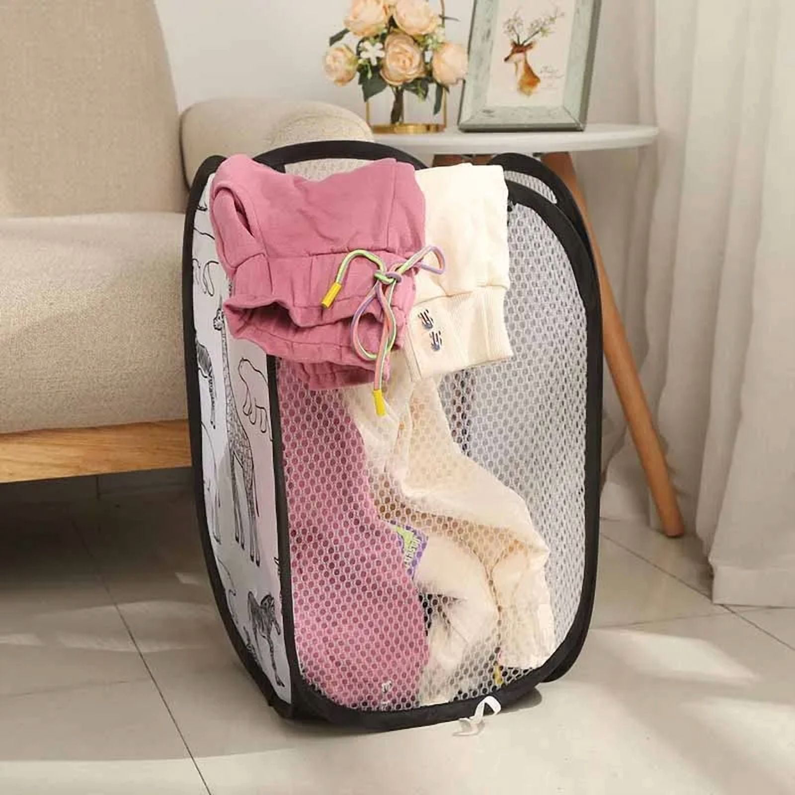 Baby Bath Toy Organizer Mesh Foldable Laundry Basket Cartoon Print Storage Basket Kids Bathroom Dirty Clothes Storage Bag