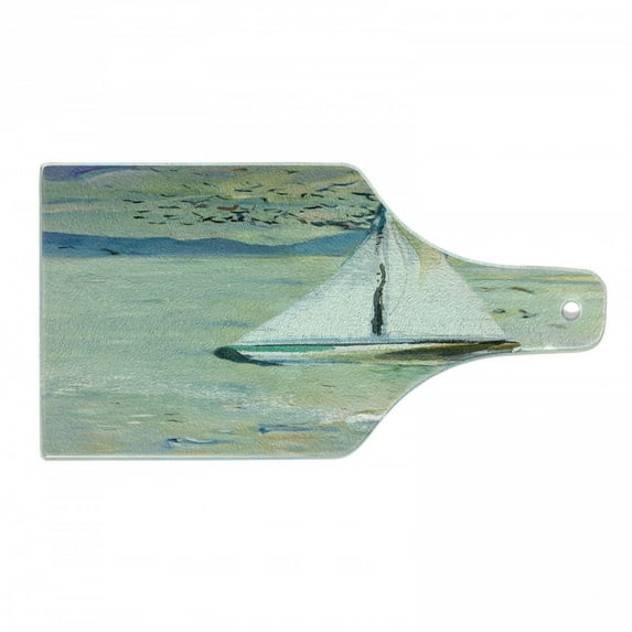 Art Cutting Board, Monet Sailing Boat Yacht Birds Watercolor Brushstroke Composition, Decorative Tempered Glass Cutting and Serving Board, Wine Bottle Shape, Pale Blue Teal and White, by Ambesonne
