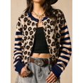 thumbnail image 4 of Women's Leopard Print Striped Patchwork Button Front Cropped Knit Cardigan Navy Blue XL, 4 of 10