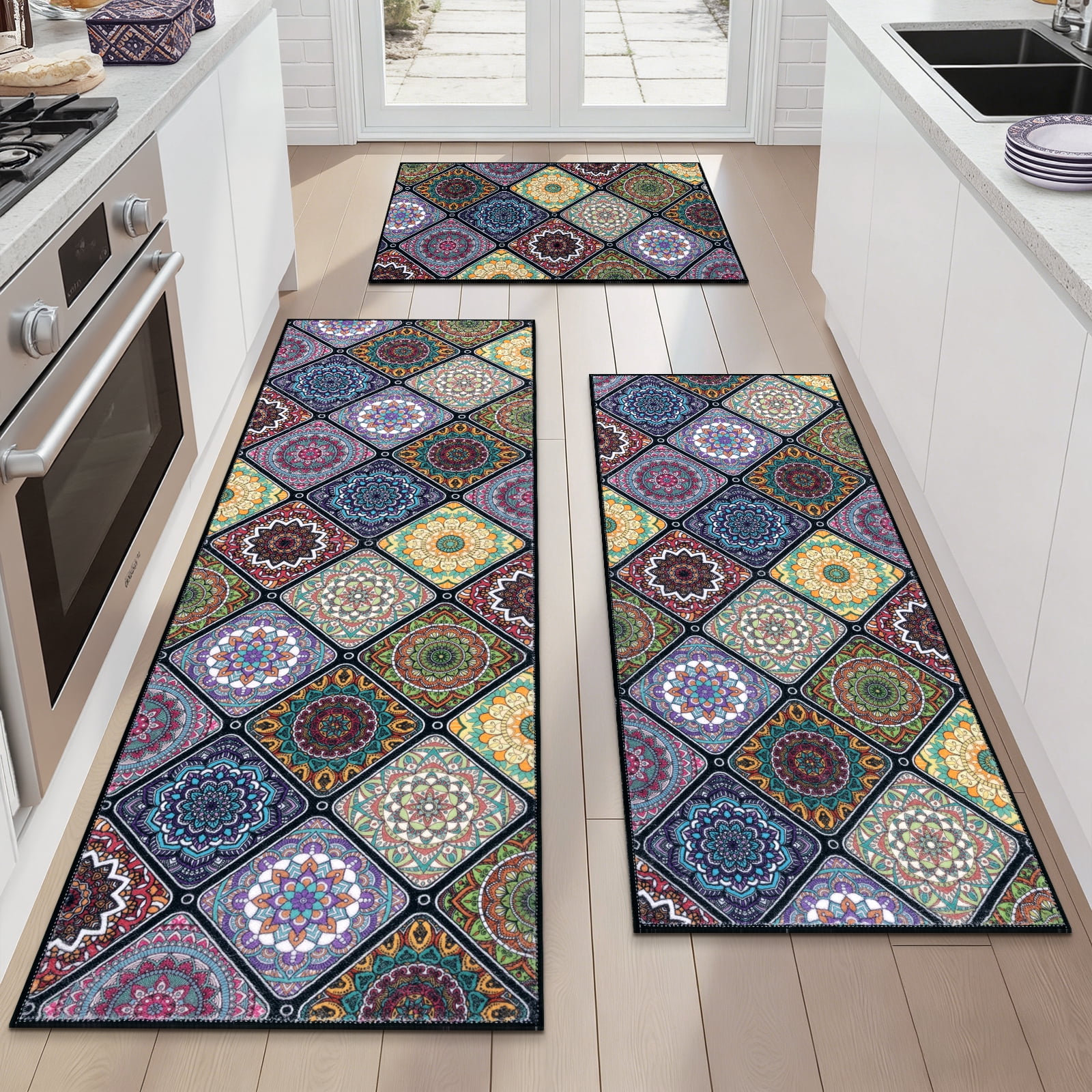 Findosom 3pc Boho Kitchen Rugs and Mats Set, Non Slip Washable Kitchen Runner Rug for Kitchen Floor, Farmhouse Kitchen Decor, Hallway, Entryway, Laundry Room,20"x32"+20"x47"+20"x59" Colorful