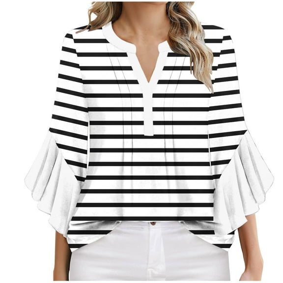 ZQUUVOU Women's T-Shirt Stripe V Neck Ruffle 3/4 Sleeve Floral Blouse White (2XL)