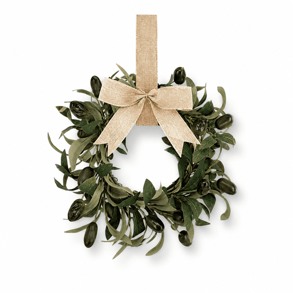 1Pc 9" Mini Olive Wreath with Burlap Bow, Small Kitchen Cabinet Wreath with Hanging Ribbon, Faux Greenery Chair Back Decor for Farmhouse Home