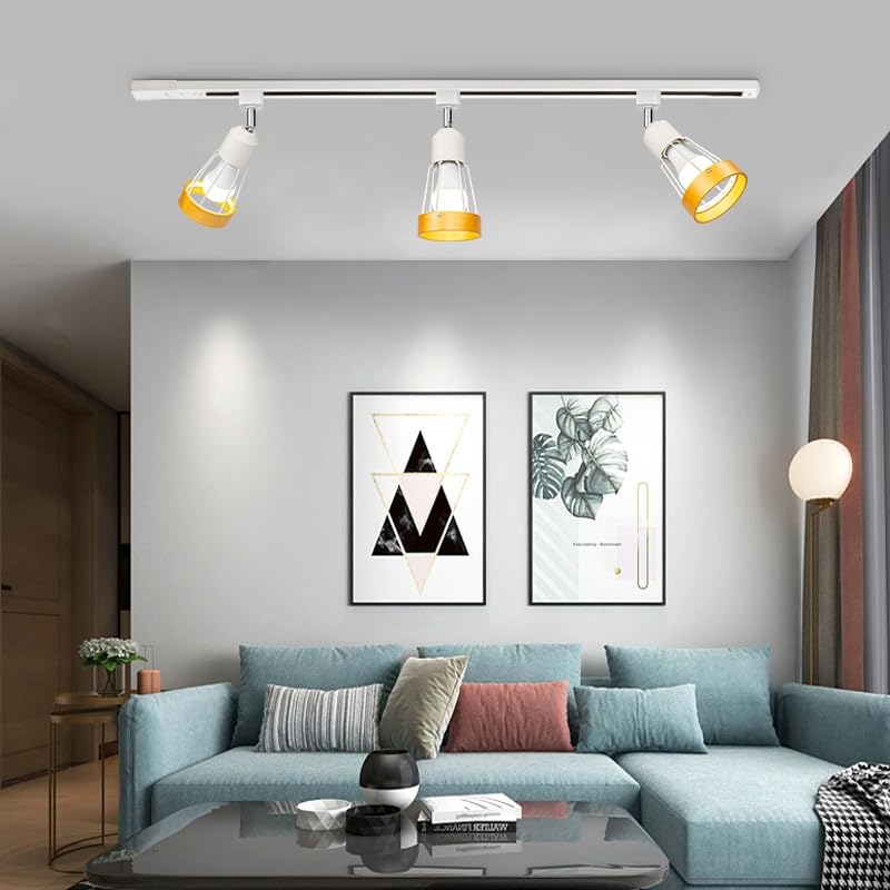 KAYYELAMP Adjustable Angle J-Type Track Head Lighting Wood Metal White Track Ceiling Lamp Dimmable RGB Fixture Vintage Design For Kitchen Party Home Office(No Track)