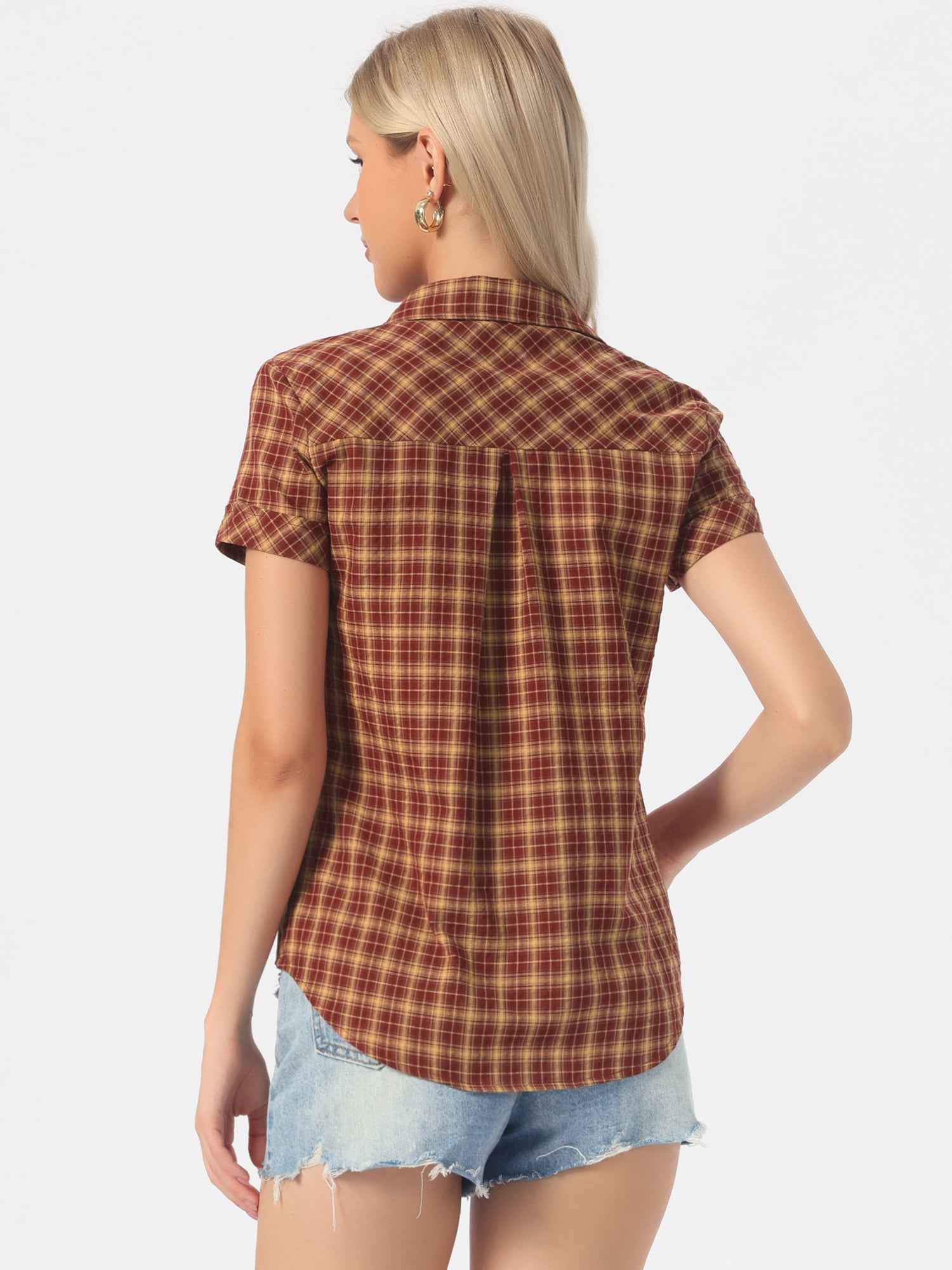 DARING DIVA Women's Plaid Shirts Cotton Short Sleeve Button Down Shirt S Deep Red 2