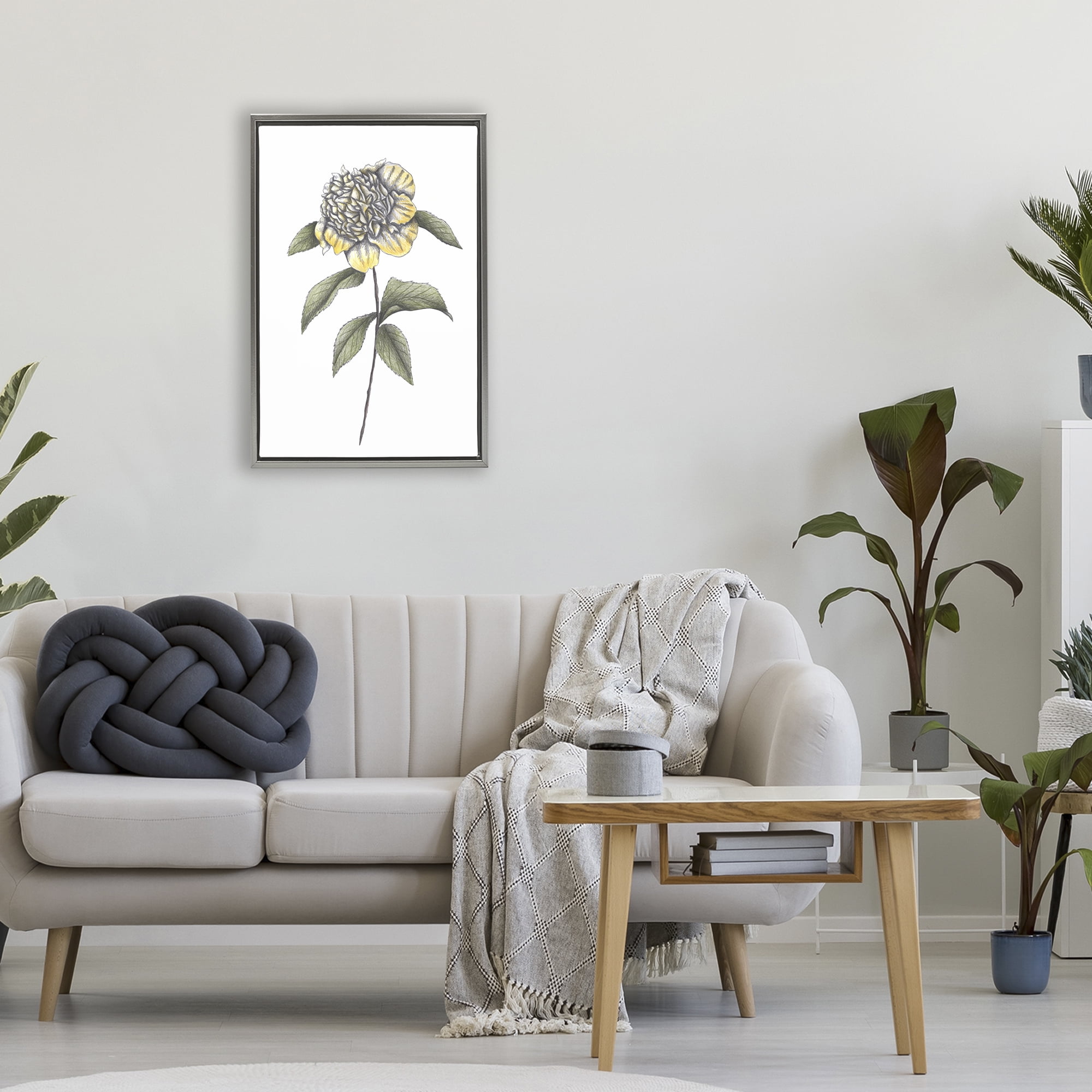 Camellia Flower Illustration Gray Framed Floater Canvas Wall Art, design by Cecilia Battaini