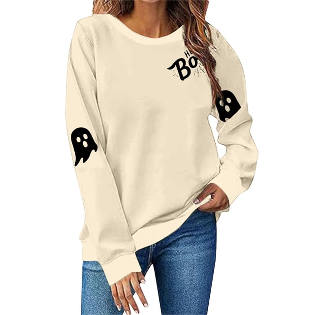 NMMUED Chandail d'Halloween pour Femmes, Vêtements Y2k, Chandail à Col Rond d'Halloween, Vêtements d'Automne, T-Shirts d'Halloween pour Femmes, Hauts Y2k pour Femmes, Beige G