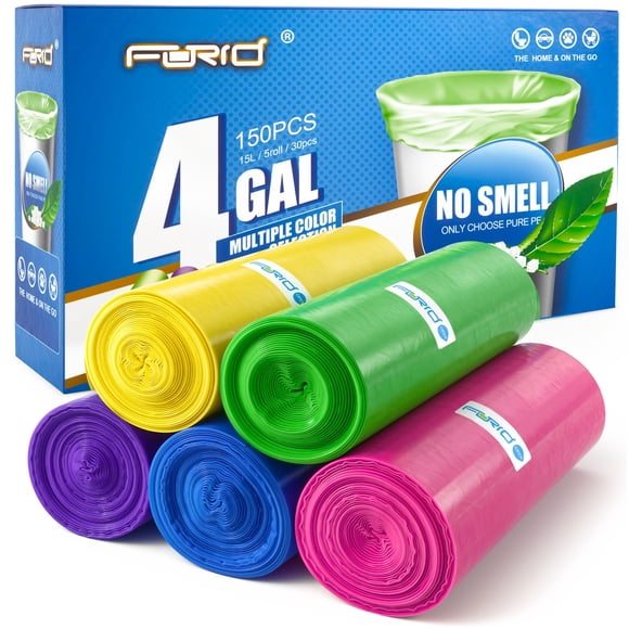 Small Trash Bags - FORID 4 Gallon Garbage Bags Thin Material Small Size 15-liters For Office, Home Waste Bin, 150 Counts 5 Color