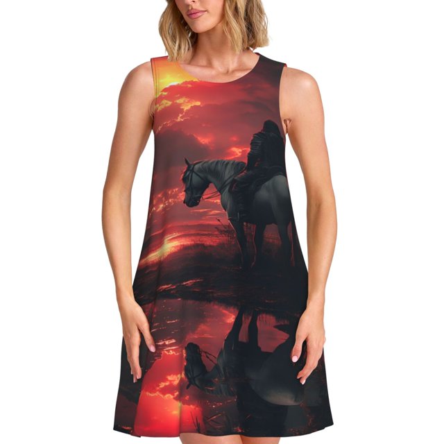 Disketp Lone Rider Under Red Sky para Vestido sin Mangas para Mujeres, Vestidos de Verano para Mujeres, Casual y Holgado para la Playa