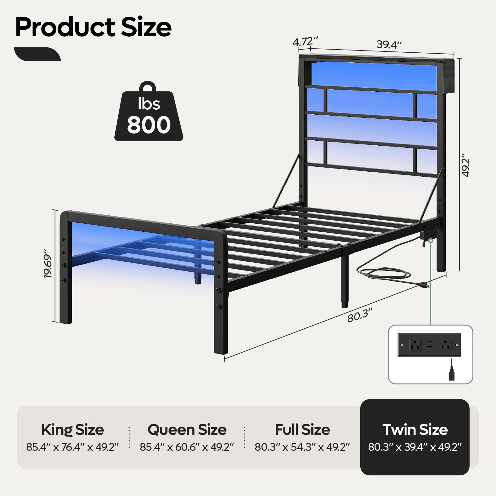 Bestier Twin Size LED Bedframe - Sturdy Metal Platform Bed with Headboard, Reversible Charging Station and 3 Adjustable Heights, Black