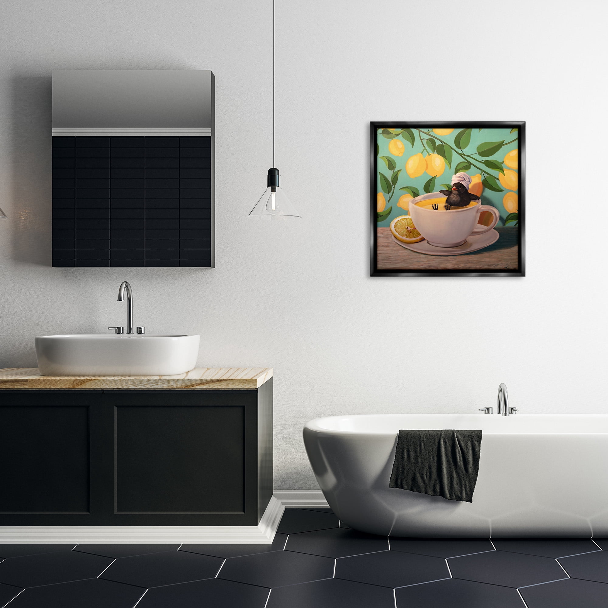Stupell Industries Bird Bathing Lemon Tea Animals & Insects Painting Black Floater Framed Canvas Art Print Wall Art, 25 x 25