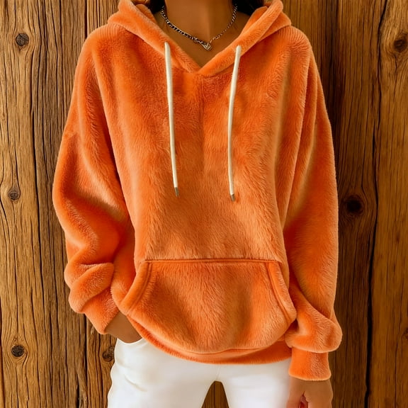 Orange Hoodies for Women Fuzzy Fleece Winter Hooded Sweatshirts Soft Warm Pullover Hooded Tops with Pockets