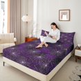 thumbnail image 3 of Manfei Watercolor Cobweb Star Queen Sheets 4 Pieces, Glitter Halloween Spider Web Pattern Queen Sheet Sets, Purple White,1 Fitted Sheet, 1 Flat Sheet and 2 Pillowcases, 3 of 5