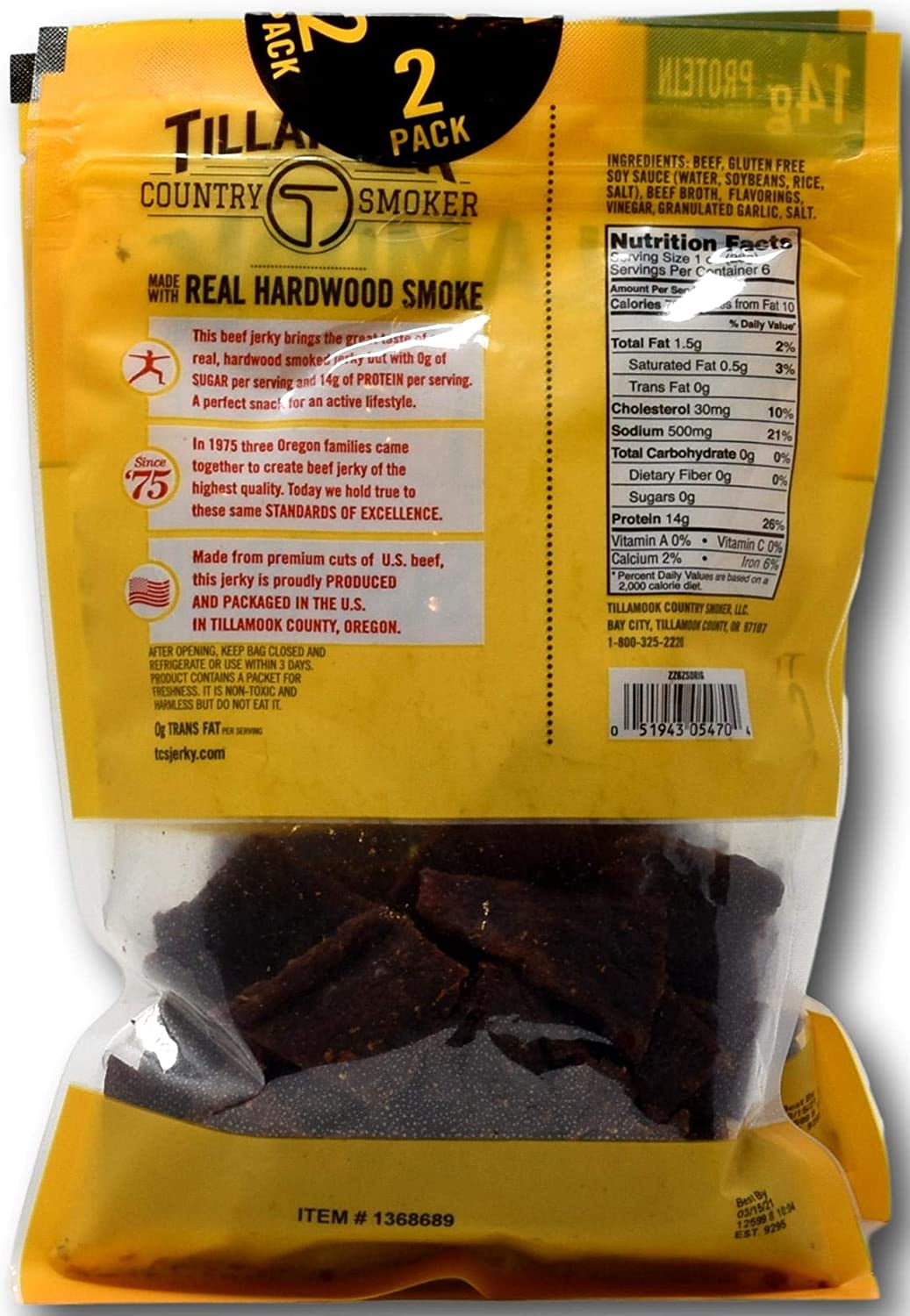 Tillamook Zero Sugar Original Country Smoker Beef Jerky, 6 Ounce (Pack of 2)