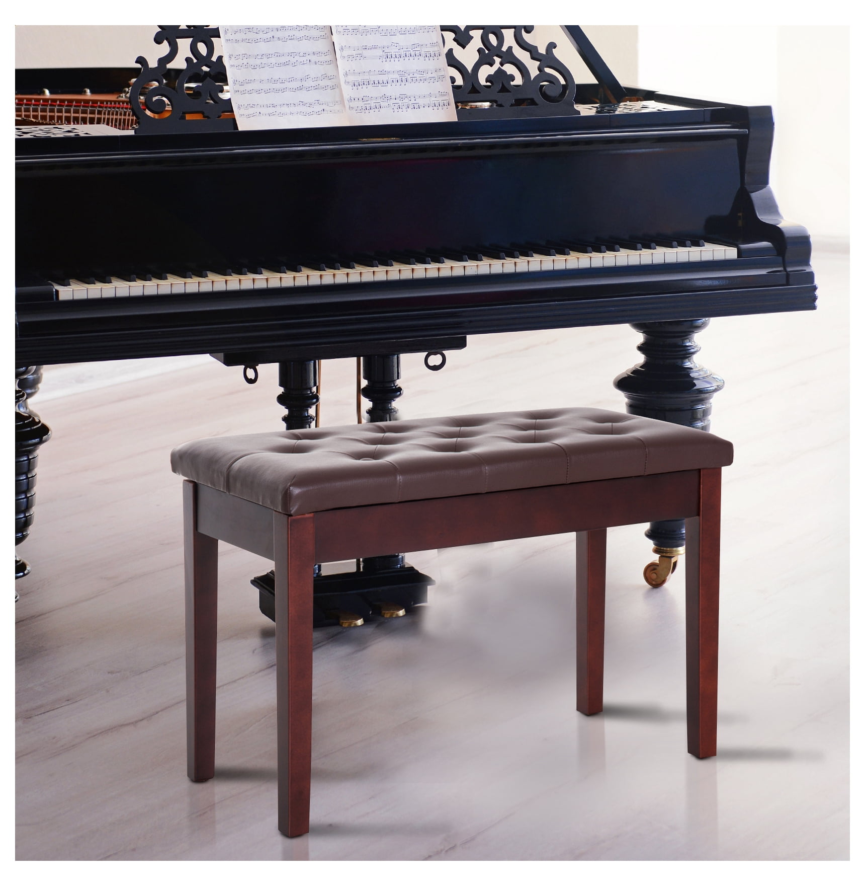 Piano , Duet Piano Chair with Faux Leather Padded Cushion and Wooden Frame, Button Tufted Keyboard , Brown