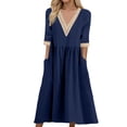 thumbnail image 1 of Vestido largo boho para mujer: vestido informal de manga corta con cuello en V, botones y bolsillos, cintura alta, 1 of 5