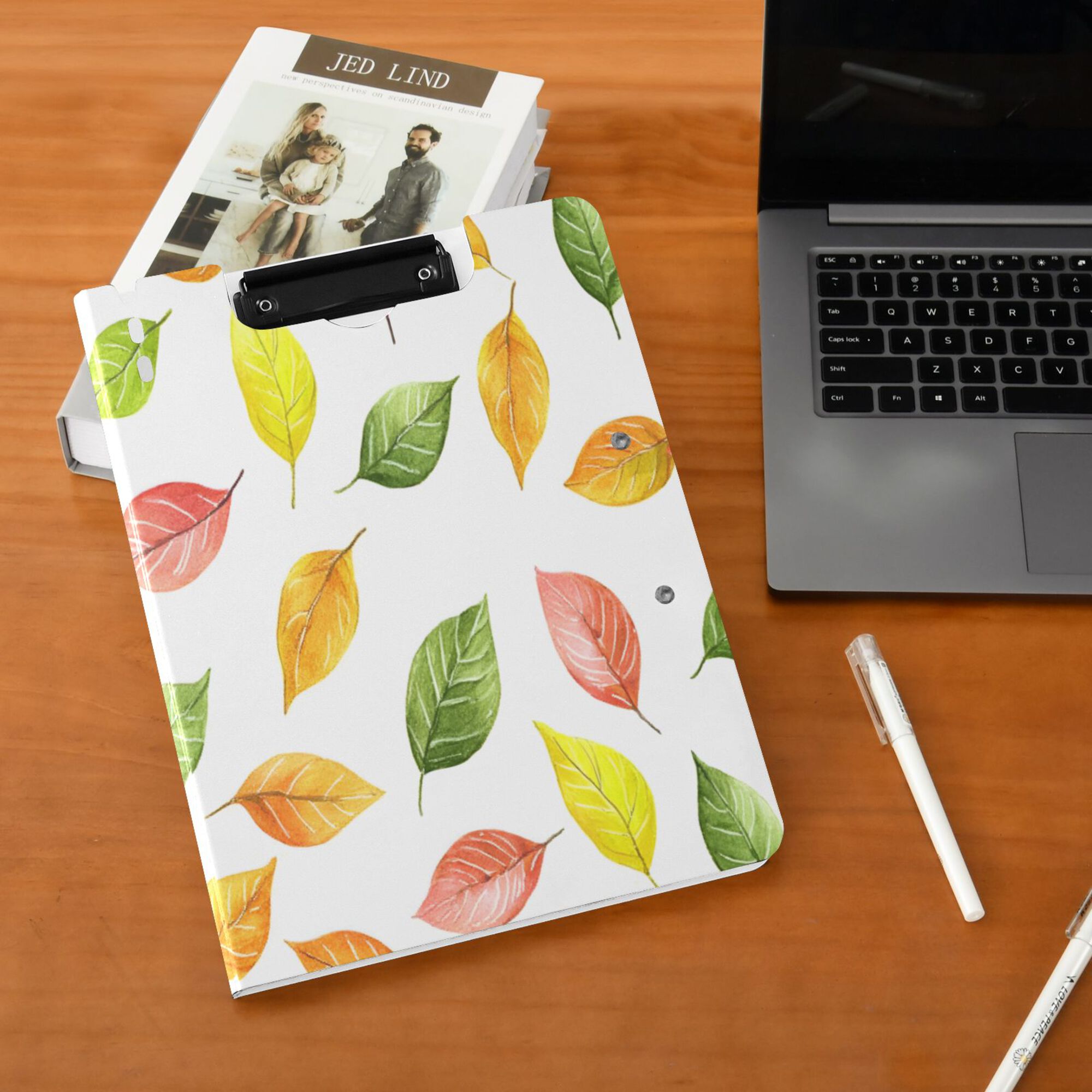 FORMRS A4 Clipboard Folder with Pen Holder Horizontal Foldable School Office Binder, Pink Colorful Leaves
