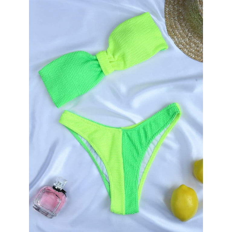  YELAIVP Women's Ribbed Strapless Bandeau Bikinis Self Tie Knot  Color Block High Cut Rise Two Pieces Swimsuits : Clothing, Shoes & Jewelry