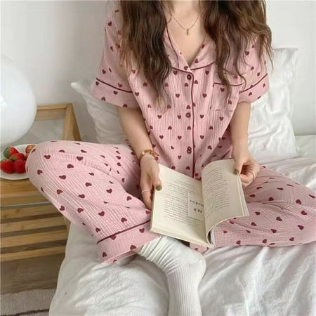

CoCopeaunt Cotton Womens Pajamas Korean Sleepwear Summer Pijama Heart Print Pyjamas Short Sleeve 2 Piece Set Suits Loungewear