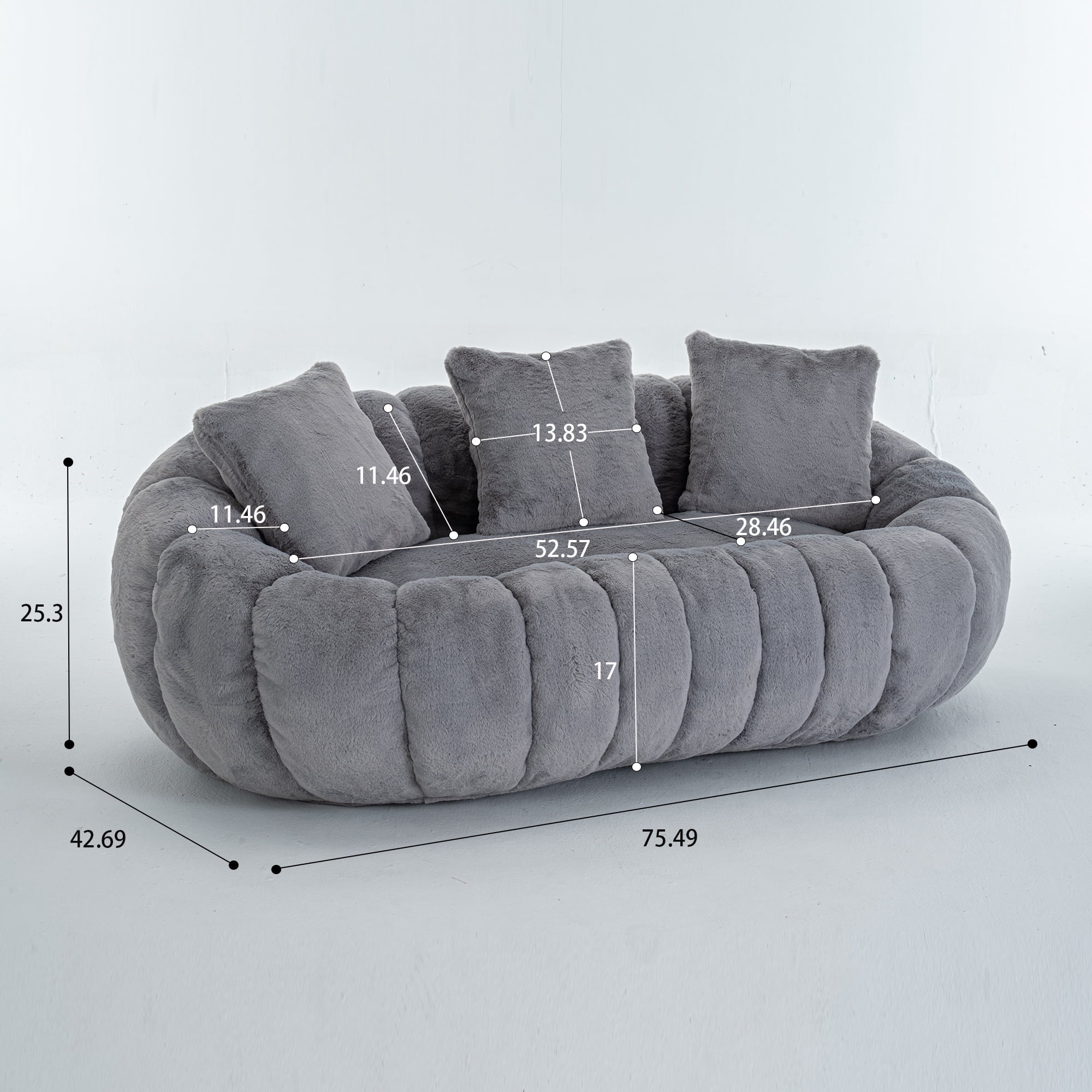 Aukfa Ultra-Soft Faux Fur Loveseat, 75.5" Floral Shaped Bean Bag Sofa with 28.5" Deep Seat for Living Room & Bedroom, Gray
