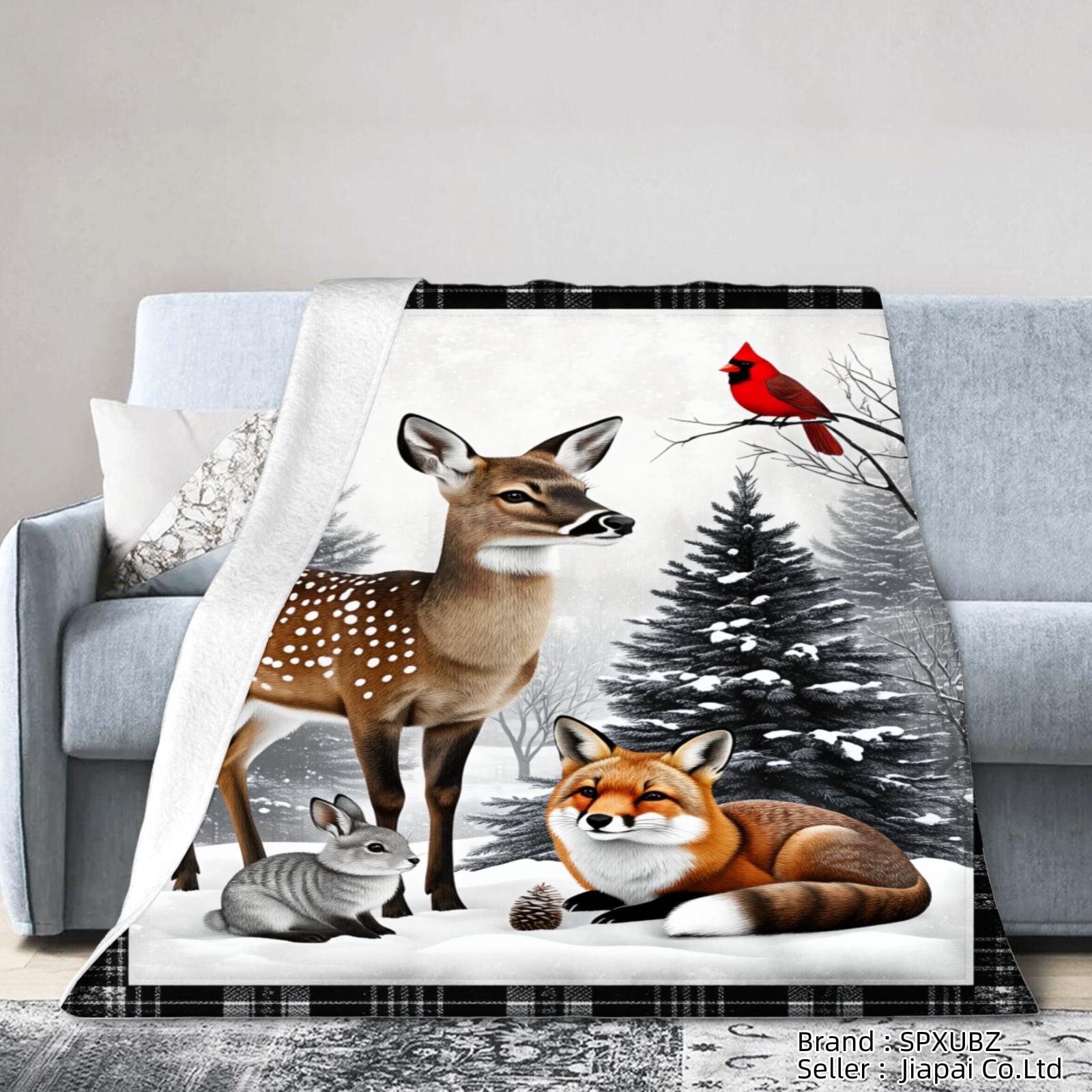SPXUBZ Winter Forest Deer Fox Rabbit Throw Blanket for Winter Christmas Gift Home Sofa Bed Decoration 80x60 inch