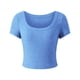 thumbnail image 3 of Top de manga corta con cuello redondo para mujer, camisa de punto acanalada de Color puro, elegante, a la moda, ajustada, para trabajo de oficina, azul claro L, 3 of 6