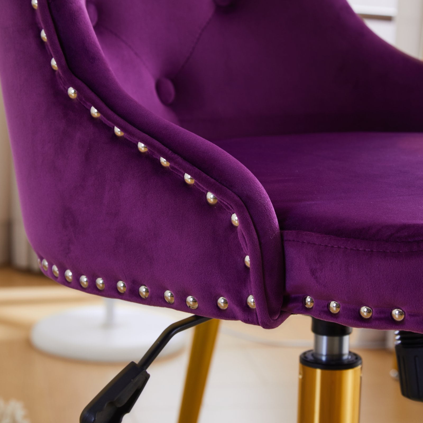 UBesGoo Armless Office Chair Flannel Computer Task Chair Adjustable Swivel Vanity Chair with Ergonomic Backrests and Wheels for Conference and Home Purple & Gold