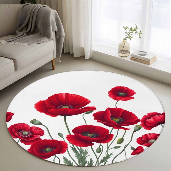 Red Poppy Round Area Rug 3.3Ft Washable Circle Rugs for Dining Room Table, Spring Summer Farmhouse Flowers Watercolor Non-Slip Carpet Floor Mats Indoor Outdoor Carpet Runner Aesthetic Home Decor