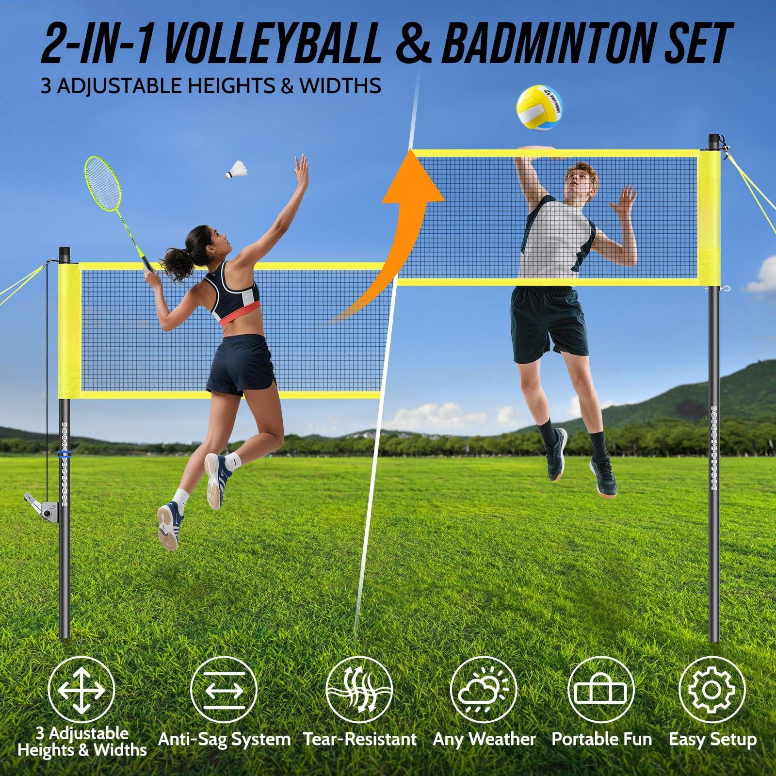Volleyball Badminton Net Set Combo For Backyard Beach  2-in-1 Adjustable With 4 Heights (5.1-8ft) & 3 Widths (20-32ft) 4 Aluminum Rackets Goose Shuttlecocks Carrying Bag