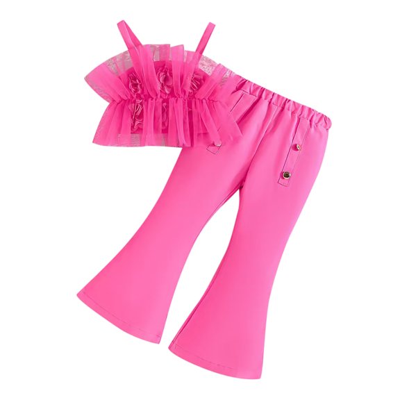 Glisme 2 Piece Outfits For Girls Toddler Strap Sleeveless Flower Tops And Elastic High Waisted Flared Pants Set Skin-Friendly Pink Clothing Set