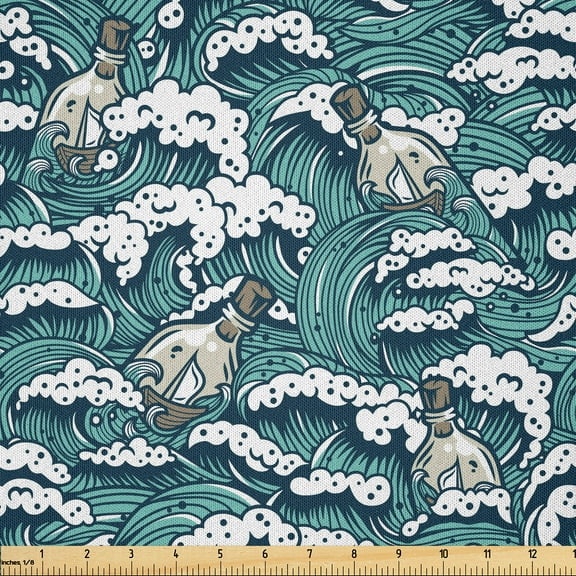 Ambesonne Aqua Fabric by the Yard Microfiber, Continuous Waves Bottles Art, 5 Yards, Pale Slate Blue and Dark Teal